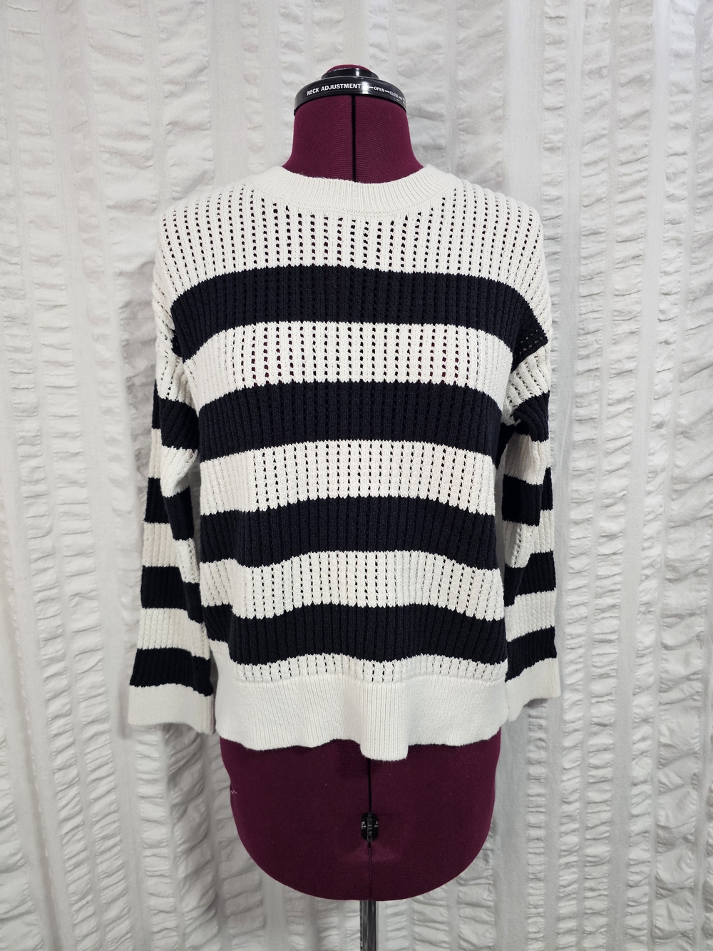 LOFT Cotton Open-Knit Striped Crew Neck Sweater